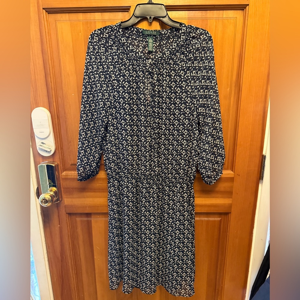 Elegant Navy and White Patterned Dress, sheer top, navy slip dress underneath.
